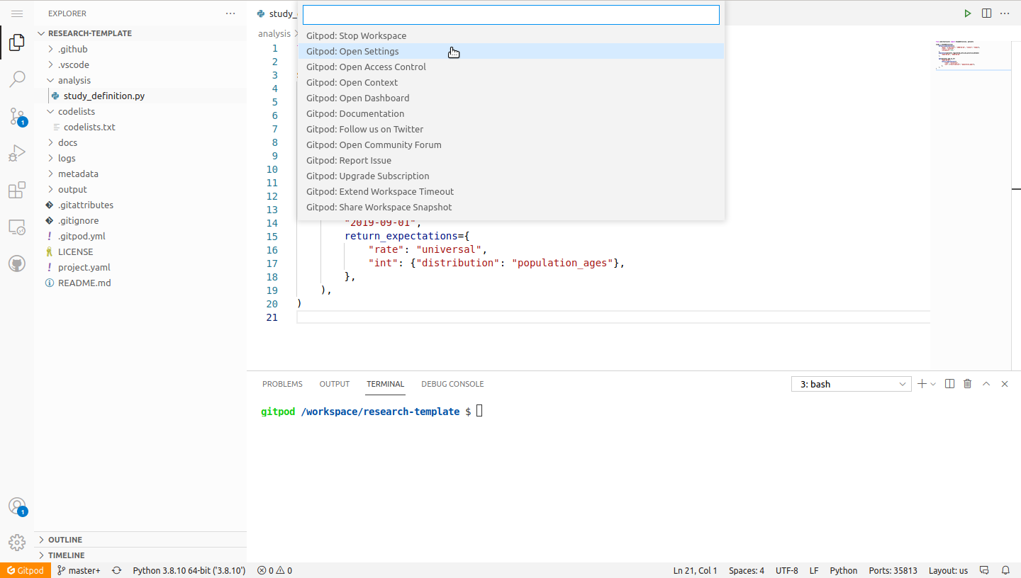 Opening Gitpod's settings in their code
   editor.